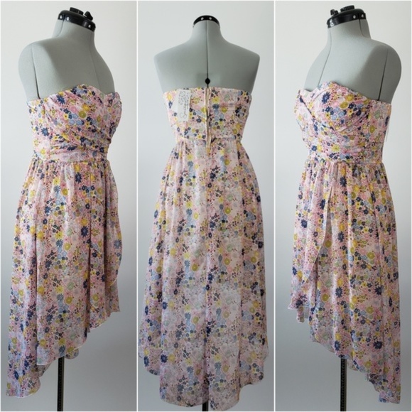 NWT Floral Strapless Hi-Lo Dress Small Flowy Strapless Pink Blush Pastel Wedding - Picture 4 of 7